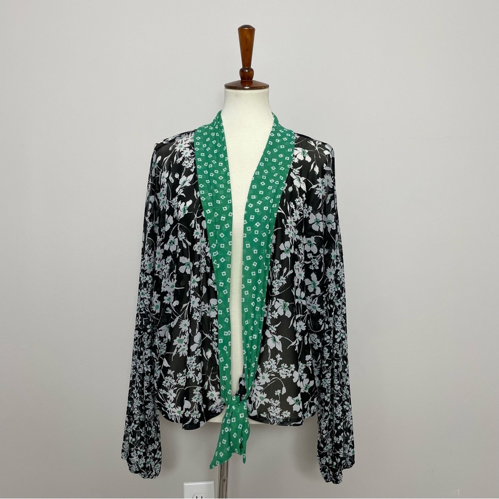Cato Kimono Cardigan Wrap Floral Tie Front Slinky Lightweight Boho Green Black